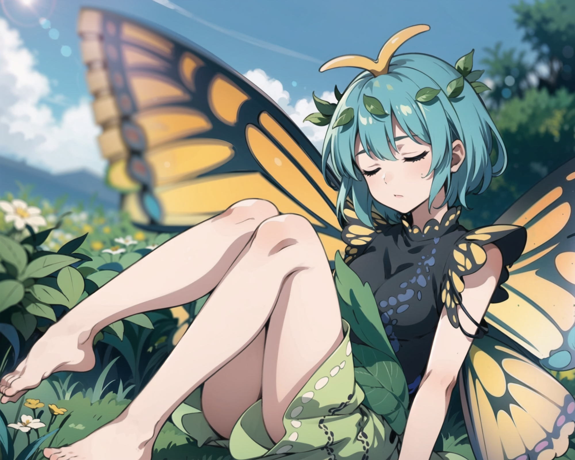 masterpiece, best quality, <lora:EternityLarva:1>,1girl, wings, butterfly wings, dress, green dress, antennae, short hair,...